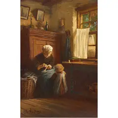 Untitled (Interior Scene with Mother and Child) by Albert Neuhuys, oil on panel, sold Sep 2022