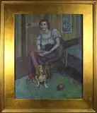 Woman and Basset Hound by Alice Todhunter, oil on board, sold Sep 2022