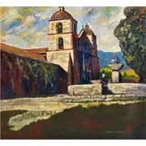 Santa Barbara Mission by Harold Horton Newsom, oil on board, sold Oct 2022