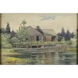 House Along the River by Elmer Wachtel, watercolor, sold Oct 2022