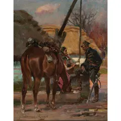 Untitled (Solider and Water Maiden) by Wojciech Adalbert Kossak, 1920, oil on board, sold Oct 2022