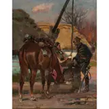 Untitled (Solider and Water Maiden) by Wojciech Adalbert Kossak, 1920, oil on board, sold Oct 2022