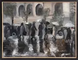 Rainy City Sidewalk by Cindy Shaoul, Oil on Canvas, sold Jul 2024