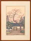 Cherry Blossoms By The Gate by Tōshi Yoshida, 1951, Woodblock Print in Colors, sold Jul 2024