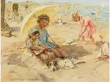 Een dag op hed Strand (ein tag am Strand) by Jan Zoetelief Tromp, oil on canvas, offered Jun 2025