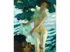 Mädchen mit Badetuch am Ufer by Leo Putz, oil on canvas, sold Jun 2024