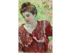 Portrait Einer Dame in Rotem Gewand by Henri Lebasque, oil on canvas, sold Apr 2020