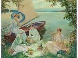 Drei Damen und ein Kapitän Beim Picknick an Einem Bayerischen see by Edward Cucuel, oil on canvas, sold Sep 2019