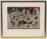 Landschaft mit Fisch by Hans Rudolf Strupler, mixed media, sold Jun 2022