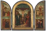 Triptychon: Kreuzigung Christi (Mitte),Geburt Christi und Stifterportraits (links), Auferstehung und Stifterportraits (rechts) by Mittelrhein, um 1500, oil on panel, sold Mar 2022