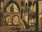 Kopie Kircheninterieur mit Christus, Händler und Geldwechsler aus dem Tempel vertriebend by Hendrick Aerts, oil on panel, offered Mar 2022