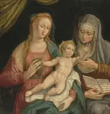 Gemälde nach einem Stich von Jan Sadeler von 1584 Anna Selbdritt by Süddeutsch, um 1600, oil on panel, offered Mar 2022