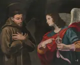 Hl. Franziskus und die Vision des Engels mit einem Fläschchen klaren Wassers by Lorenzo Lippi, oil on canvas, sold Mar 2022