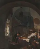 Alchemist in seiner Werkstatt by Thomas Wyck, oil on panel, sold Mar 2022