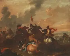 Nachfolger um 1700, wohl aus dem Veneto Aufeinandertreffen von zwei gegnerischen Kavallerieeinheiten by Jacques Courtois, oil on canvas, sold Mar 2022