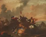 Nachfolger um 1700, wohl aus dem Veneto Aufeinandertreffen von zwei gegnerischen Kavallerieeinheiten by Jacques Courtois, oil on canvas, sold Mar 2022