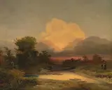 Auf dem Heimweg bei Sonnenuntergang by Ignaz Raffalt, 1851, oil on paper, sold Mar 2022