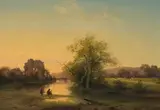 Fischer vor Ruine bei Sonnenuntergang by Ignaz Raffalt, oil on panel, sold Mar 2022