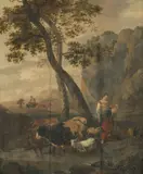 Nachfolger Landschaft mit Hirte und ihrer Herde by Nicolaes Pieterszoon Berchem, oil on panel, sold Mar 2022