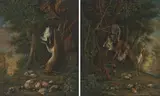 Gegenstücke: Jagdstillleben mit Jagdhund und erlegtem Geflügel / mit erlegtem Hasen by Petrus Janssens, oil on panel, sold Mar 2022