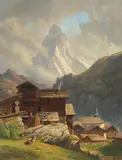Dorf und Kirche von Zermatt, mit Blick auf das Matterhorn by Jakob Josef Zelger, oil on canvas, sold Mar 2022