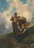 Rastendes Sennenpaar auf dem Weg zur Alp by Edouard Girardet, oil on canvas, sold Mar 2022
