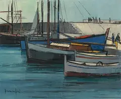 Fischerboote im Hafen, um 1956 by Walter Mafli, oil on canvas, sold Mar 2022