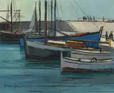 Fischerboote im Hafen, um 1956 by Walter Mafli, oil on canvas, sold Mar 2022