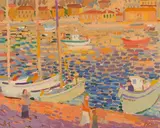 Bootshafen im Tessin, 1981 by Constantin Polastri, oil on canvas, sold Mar 2022