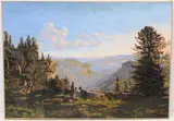 Ziegenhirtin mit ihren Tieren, auf einer Anhöhe über den Gorges du Doubs, 1871 by Fritz Huguenin-Lassauguette, oil on canvas, sold Mar 2022