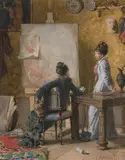 Zwei junge Damen im Künstleratelier by Édouard John Ravel, watercolor, sold Dec 2021