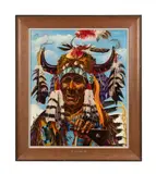 White Bull" Miniconjou Sioux Warrior by Thomas E. Mails, circa 1970, oil on board, sold Aug 2023