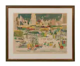 Winter in the Park by Dong Kingman, 1960s, lithograph of a park scene with a seated band, sold Aug 2023