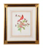 Cardinals on Sweet Shrub by Athos Rudolfo Menaboni, oil on artists board, sold Oct 2023