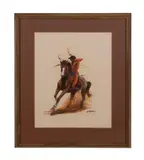 Indian on Horse by Gary Montgomery, 1977, mixed media on paper, sold Oct 2023
