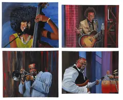 (4) Portraits of Black Musicians including Esperanza Spalding by Curtis Berry, oil on canvas, sold Feb 2026