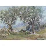 Landscape with Distant Village by Carlo Giorni, watercolor, sold Oct 2022
