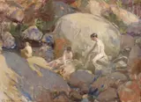 Landscape with Figures Bathing by Laurits Tuxen, 1918, oil on canvas, sold Oct 2022