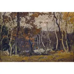 Untitled (Forest Landscape with Birch Trees) by Franklin DeHaven, oil on board, sold Oct 2022