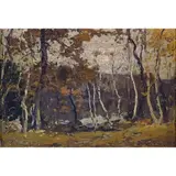 Untitled (Forest Landscape with Birch Trees) by Franklin DeHaven, oil on board, sold Oct 2022