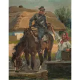Untitled (Solider and Water Maiden) by Wojciech Adalbert Kossak, 1921, oil on board, sold Oct 2022