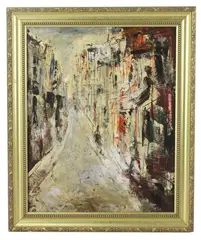 city scene by Pascal Cucaro, oil on board, sold Jul 2025