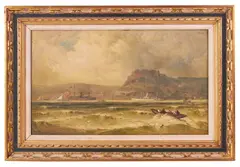 coastal scene with men in rowboat by George Washington Nicholson, oil on canvas, sold Aug 2025