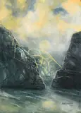 Geometric Landscape with Moon by Aubrey Nakao, oil on canvas, sold May 2024