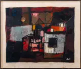 Abstract Town Landscape by Stefan Lokos, Oil on Wood Board, sold Jul 2024