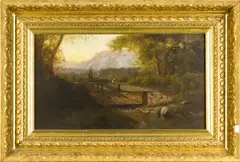 Fisherman on Bridge Over Stream'. Unsigned. Canvas 10” x 18 by George L. Clough, oil on canvas, sold Nov 2024