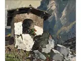 Hochgebirge mit Kleiner Kapelle by Oskar Mulley, 1891 Klagenfurt – 1949 Garmisch, oil on canvas, sold Sep 2023
