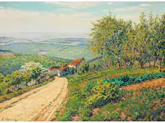 Berghang mit weg Durch Sommerlandschaft ins tal by Gustave Cariot, oil on canvas, sold Dec 2021