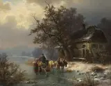 Kutsche mit Bauern auf vereistem See vor einem Haus by Heinrich Höfer, 1867, oil on canvas, sold Dec 2021