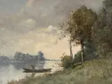 Passeur dans sa barque au bord de rivière by Paul Désiré Trouillebert, oil on canvas, offered Dec 2021